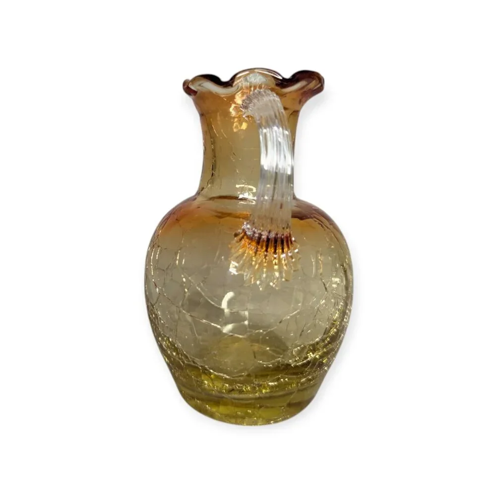 Pilgrim Honey Amber Crackle Glass Vase w/Applied Handle Ruffled Rim 4